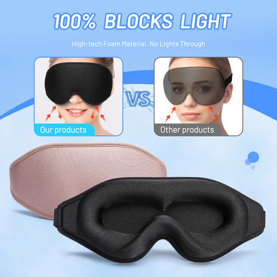 3D contoured natural memory foam sleep mask providing superior comfort and effective light blocking for restful sleep.