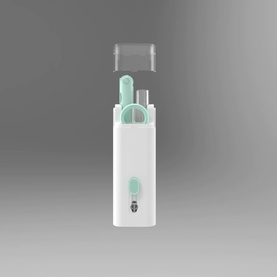 Multifunctional tech cleaning kit with tools for cleaning screens, keyboards, and electronic devices.