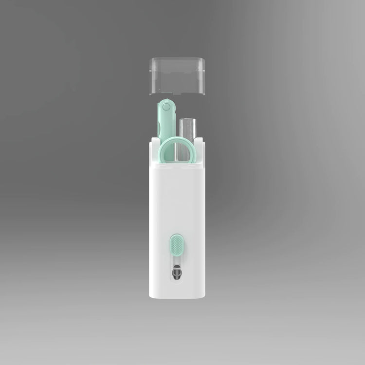 Multifunctional tech cleaning kit with tools for cleaning screens, keyboards, and electronic devices.