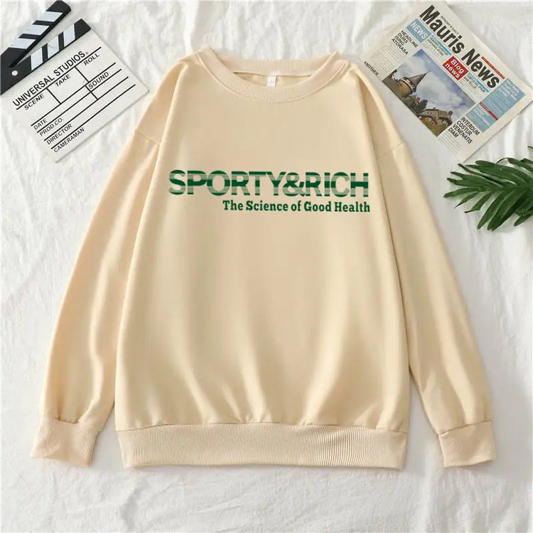 Sporty rich print casual round neck cotton sweater, comfortable and stylish for everyday wear.