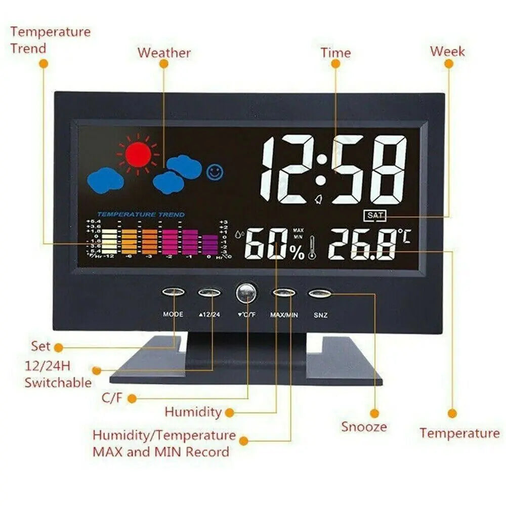 LED digital alarm clock with snooze, calendar, thermometer, hygrometer, and weather display for all-in-one convenience.