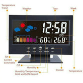 LED digital alarm clock with snooze, calendar, thermometer, hygrometer, and weather display for all-in-one convenience.