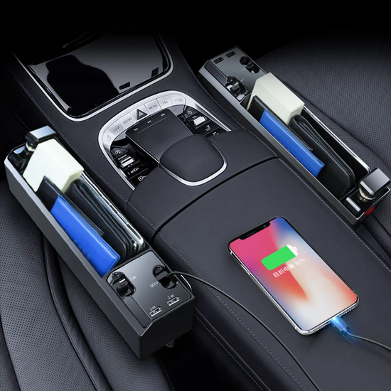 Car seat side organizer with built-in phone charging cable and storage pockets