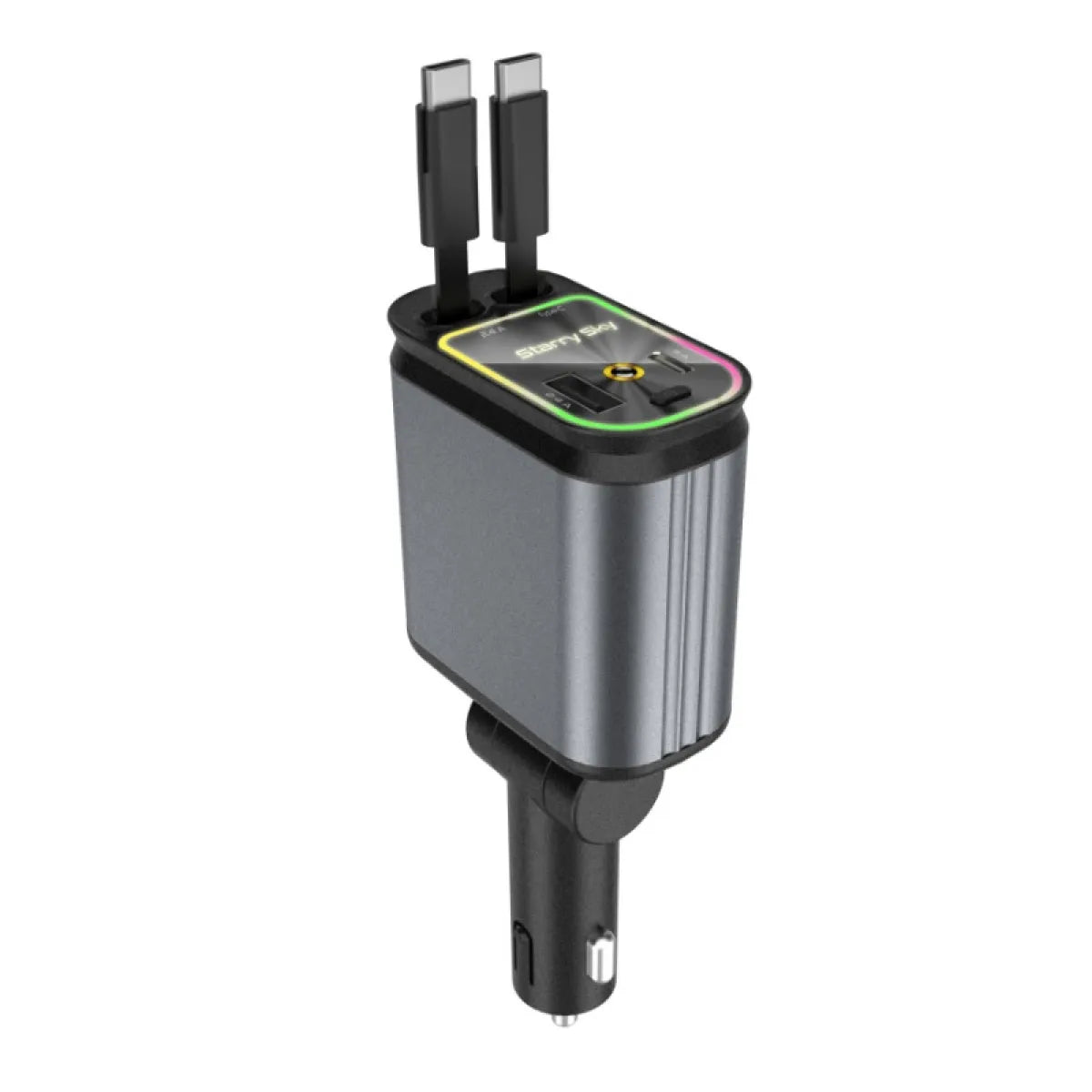 FlexCharge 4-in-1 car charger with retractable USB cables and fast charging capability for multiple devices-on the go.